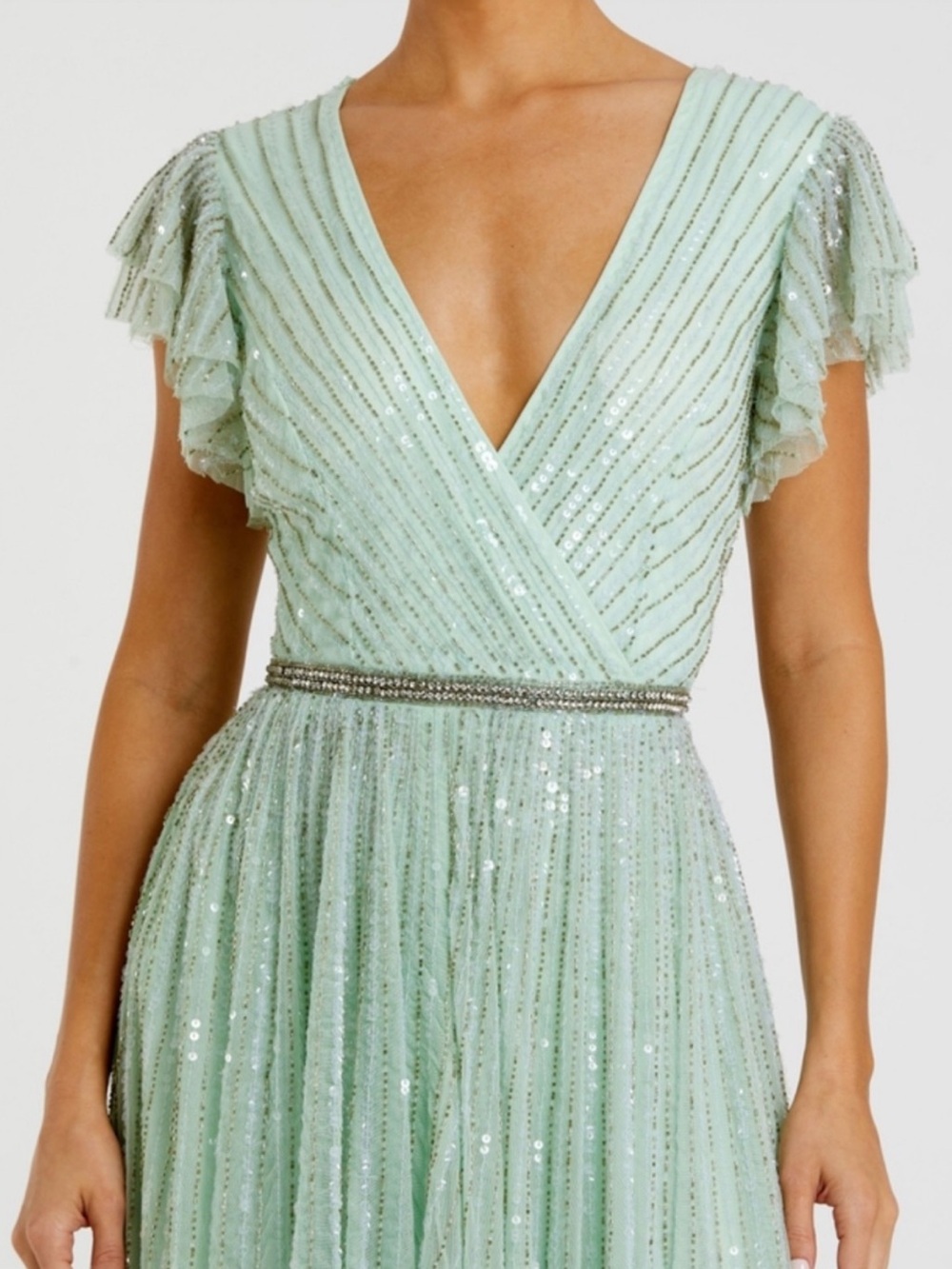 Mac Duggal Mint Sequin V-Neck Gown with Beaded Waist